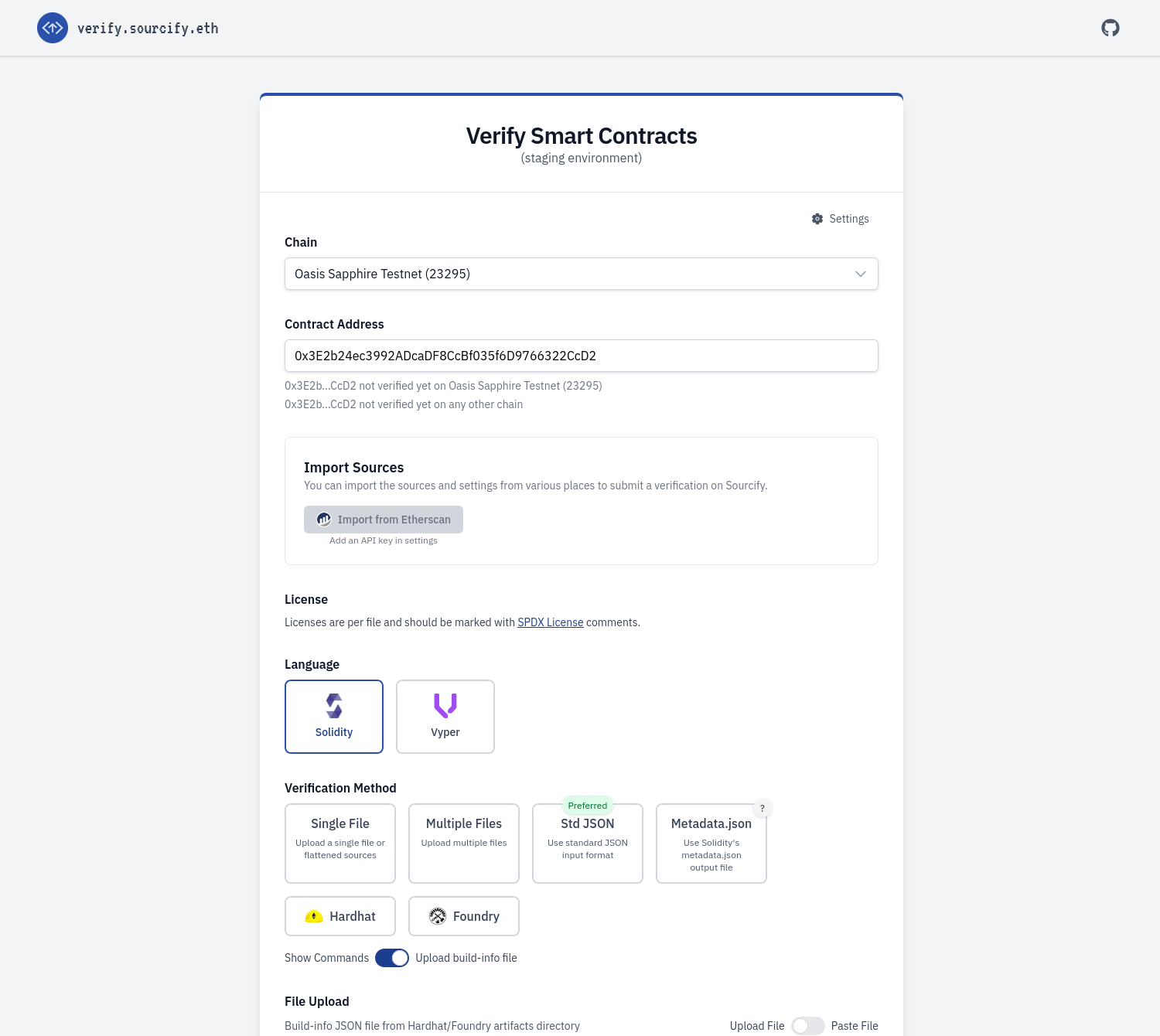 Sourcify: Upload metadata JSON file